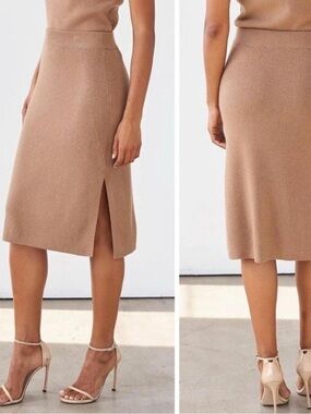 AYR The Curator Skirt Women’s Camel Knit Midi Skirt with Side Slit Size S